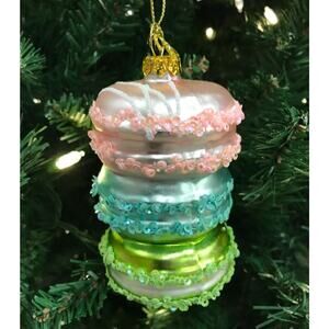 Glass Stacked Macarons Christmas Ornament -Pastels French Pastry Food Paris